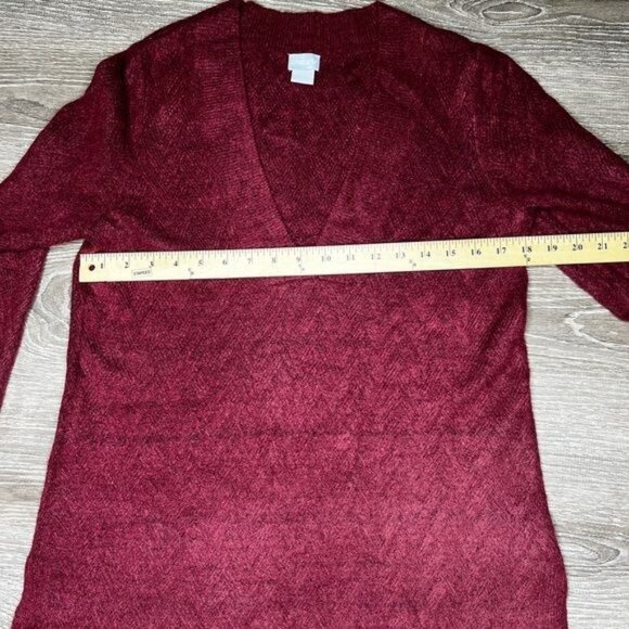 Chico’s Herringbone Cranberry Burgundy Tunic Sweater with Deep V-Neck Medium - Picture 13 of 13